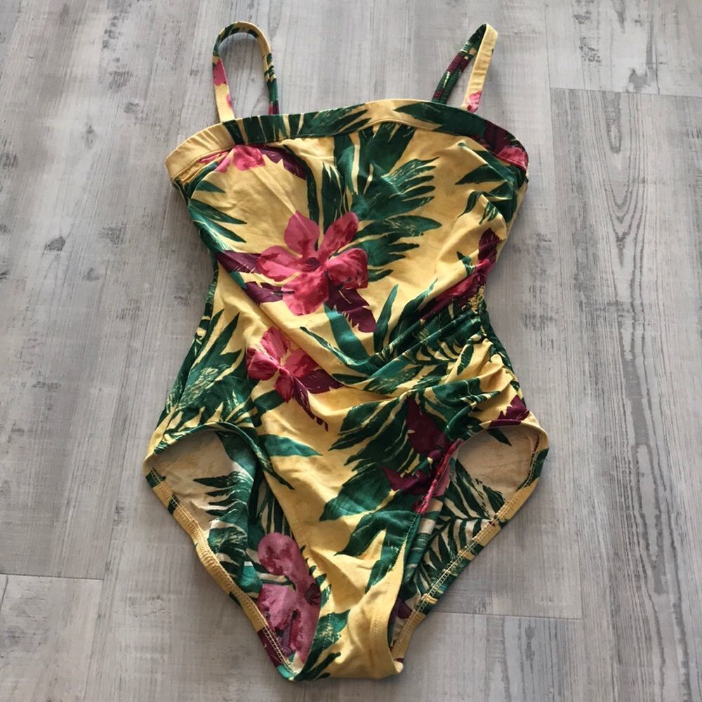 Vintage Tropical Print One Piece Swimsuit - Sz 10